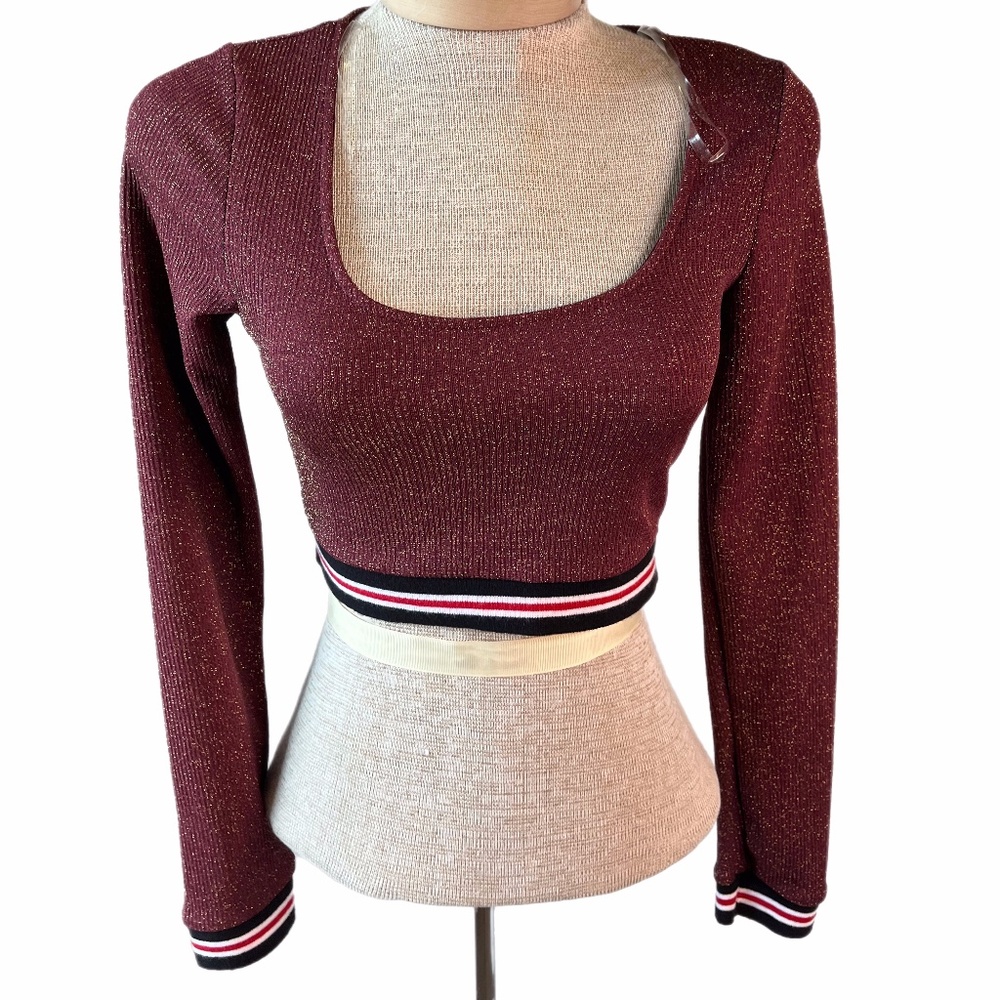 bozzolo glitter maroon ribbed long sleeve crop top size S Mock neck sexy (0113)
